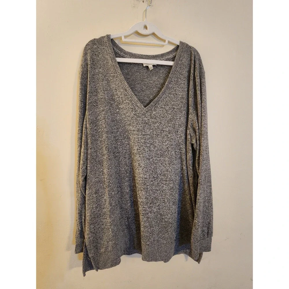 Lucky Brand Womens XXL Grey Marl V-Neck Pullover Sweater Long Sleeve Tunic Relax
